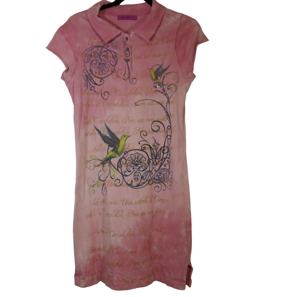 Pink Collared Floral & Bird Print Dress